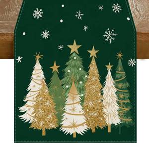 lot 2179 image: RABUSOFA Christmas Table Runner 13x72 Inch, Xmas Trees Snowflakes Winter Holiday Decorative Farmhouse Table Decorations for Kitchen Dinning, Indoor Outdoor Dinner Party Decor Green