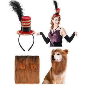 lot 2184 image: Jamntower Halloween Ringmaster Costume 1 Pcs Circus Ringmaster Red Mini Top Hat Headband 1 Pcs Lion Mane for Dog Costume, Lion Tamer Headpiece for Halloween Party Drama Performance Dress up Cosplay
