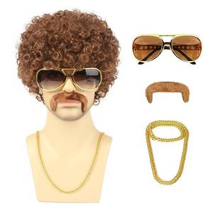 lot 2185 image: TUOFLY Mens Disco Brown Wig 5Pcs Set (Wig Glasses Necklace Mustache Wig Cap) 70s 80s Disco Costumes Wig Natural Fluffy Curly Synthetic Hair Wig for Halloween Chrismas Cosplay Party