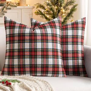 lot 2197 image: MIULEE Christmas Set of 2 Scottish Tartan Plaid Throw Pillow Covers Farmhouse Classic Decorative Outdoor Square Cushion Cases for Home Decor Sofa Couch 18x18 Inch, Red and White