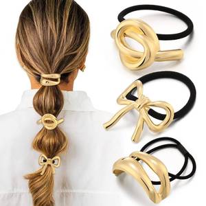 lot 2205 image: 3PCS Gold Hair Ties for Women, Stretchy Metal Hair Ties for Thick Hair, Non-Damage Gold Ponytail Cuff Holders, Elegant Geometric Hair Accessories for Women, 2 Styles in Box Holiday Christmas Gifts