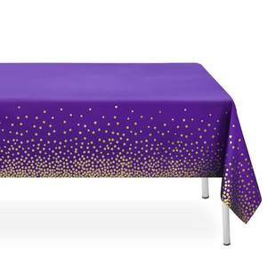lot 2216 image: LIKAJON 2 Pack Purple and Gold Dot Tablecloth, Purple Plastic Table Cloths for Parties Disposable, 54x108 in Waterproof Rectangular Camping Tablecloth for Birthday Party Graduation Picnic