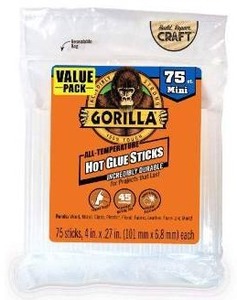 lot 2247 image: Gorilla Hot Glue Sticks, Clear Glue, Mini Size 4 Long x 0.27 Diameter, 75 Count (Pack of 2) - Safe for All Temperatures with Extended Working Time