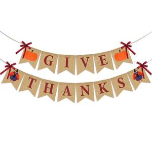 lot 2253 image: Give Thanks Burlap Banner- Thanksgiving Burlap Banner- Thanksgiving Decorations- Rustic Thanks Giving Turkey Pumpkin Bunting for Party Supplies Fireplace Mantle Decor