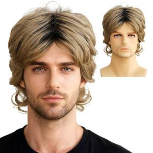 lot 2307 image: FATMAUI Short Blonde Dark Roots Mens White Blonde Pelucas Hallowen Costume Realistic Synthetic Fiber 60s Shaggy Cosplay Wig
