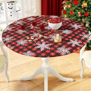 lot 2308 image: misaya Round Fitted Christmas Table Cover, Elastic Edged and Flannel Backed Tablecloth, Buffalo Plaid Vinyl Tablecloth with Snowflake Pattern, Fits 45-56 Round Tables
