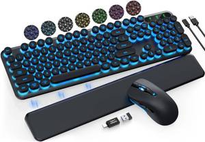 lot 3246 image: Wireless Keyboard and Mouse Backlit - Typewriter Keyboard with Magnetic Wrist Rest, Retro Round Keycaps, Light Up Letters, 2.4GHz Cordless Combo for Mac, Windows, PC, Laptop, Trueque Upgraded