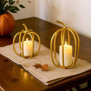 lot 3273 image: Colingmill 2 Pcs Thanksgiving Gold Metal Pumpkin Candle Holder 6inch 8inch Fall Iron Pumpkin Votive Candle Holder for Holiday Autumn Halloween Home Room Vintage Decoration