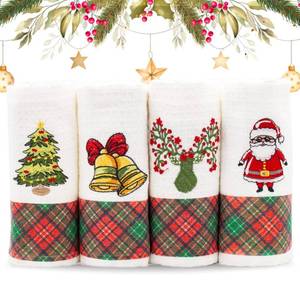 lot 3279 image: Lavien Home Christmas Kitchen Towels Embroidered, Cotton Dishcloths Decoration for Xmas with Plaid (Set of 4), Waffle Weave Cute Tree, Santa, Bell, Deer, 16 x 23 inches