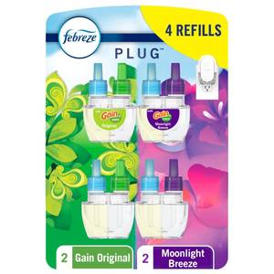lot 3280 image: Febreze Plug In Air Freshener, Odor-Fighting Scented Oil Refill, For Home, Bathroom, & Kitchen, Long Lasting, Gain Moonlight Breeze and Gain Original Scents, 0.87oz Refills, 4 Count (2 of Each Scent)