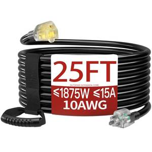 lot 5896 image: A25 FT 10 Gauge Extension Cord Outdoor, Heavy Duty Weatherproof & Flame Retardant Black 3 Prong Power Cord with Light, Outside for Lawn & Garden, 15 Amps 1875 Watts 125 VAC 10AWG SJTW, ETL Listed