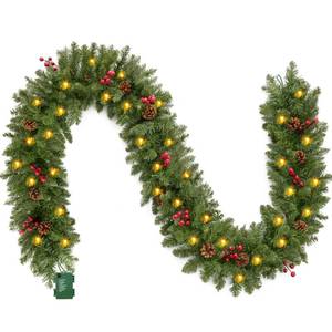 lot 5907 image: Joiedomi 9Ft Christmas Garland Prelit with Lights, 100 Warm White LED, 27 Pine Cones, 27 Red Berries for Home & Office Christmas Indoor and Outdoor Decorations (Battery Powered, not Included)