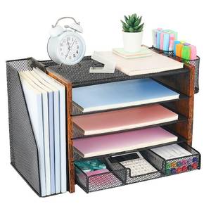 lot 5915 image: Wood Desk Organizers and Accessories with File Organizer, 5-Tier Paper Organizer with Drawer & Pen Holder, Office Desk Accessories, Workspace Desktop Storage for Office Supplies Organization��Brown��