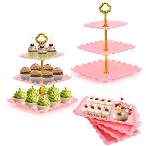 lot 5916 image: FARQAN 6 Pcs Dessert Table Display Set - 2 X Cupcake Stand HolderCup Cake Tier Tower & 4 X Serving Tray Combo for Tea Party, Birthday, Baby Shower (Square Pink)