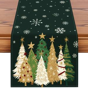 lot 6070 image: OTOSTAR Snowflakes and Christmas Tree Table Runner, Xmas Seasonal Winter Holiday Kitchen Dining Table Decoration for Home Party Decor 13x72 Inch (Green)