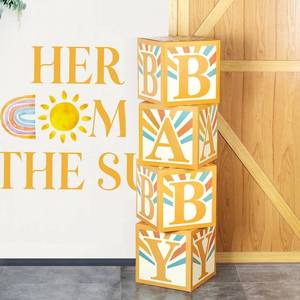 lot 6097 image: Here Comes The Son Baby Shower Decorations Boys Boho Baby Boxes- 4 Pcs Retro Sun Baby Blocks Here Comes The Son Party Supplies