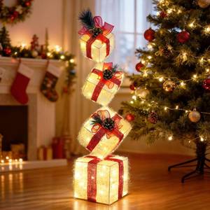 lot 6098 image: F FINEC Set of 4 Christmas Lighted Gift Boxes, Stackable Light Up Present Boxes Ornament, Battery Operated Xmas Present Boxes, LED Christmas Boxes with Bows for Indoor Christmas Tree, Yard, (Red)