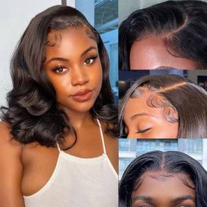 lot 6106 image: UVVUVV Bob Wig Human Hair 4x4 Frontal Lace Wig 10 Inch Body Wave 180% Density HD Lace Front Wigs Human Hair Pre Plucked Bob Wigs for Women (10 inch, Natural Black)