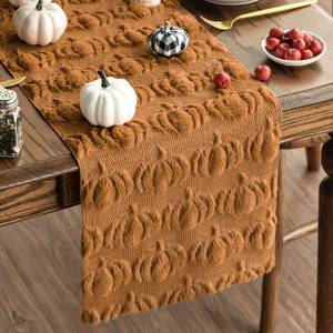 lot 6142 image: Artoid Mode Caramel Soft Plush Faux Fur Jacquard Pumpkins Fall Table Runner, Seasonal Autumn Kitchen Dining Table Decoration for Home Party Decor 13x36 Inch