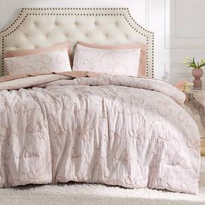 lot 7333 image: Bedsure Queen Comforter Set, Pink Boho Tufted Bed Set, 3D Puffy Jacquard Bedding Queen Size, 3 Pieces, 1 Farmhouse Shabby Chic Embroidery Comforter with Bow Pattern & 2 Pillow Cases