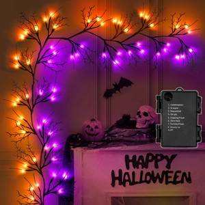 lot 8078 image: 9 Ft 54 LED Halloween Willow Vine Twig Decor Garland with 8 Modes Timer Orange & Purple Lights Waterproof Battery Operated Halloween Decorations for Home Bedroom Wall Fireplace Mantle Decor