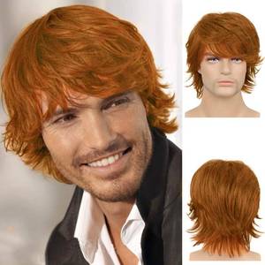 lot 8093 image: Wiwige Mens Orange Wig Short Layered Fluffy Natural Wig Synthetic Heat Resistant Halloween Cosplay Wig for Males