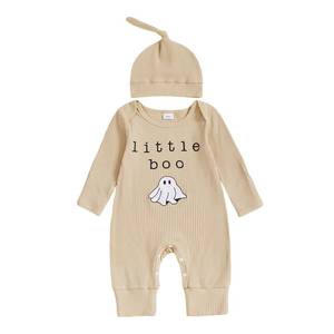 lot 8094 image: Muineobuka My First Halloween Baby Outfit Newborn Long Sleeve Ribbed Romper with Hat Little Boo Halloween Baby Outfits (Apricot, 0-3 Months)
