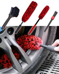 lot 8150 image: oesee Professional 4 Pack Long Handle Wheel Brush Kit for Cleaning Wheel and Tire- 2X Soft Wheel Cleaning Brush, Detailing Brush and Stiff Tire Brush, Bendable& Durable Wheel Rim Cleaner Brush Set