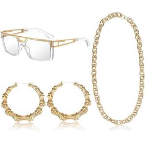 lot 8163 image: sanderala 90s Accessories Outfit for Woman Rapper Hip Hop Costume Kit Old School Jewelry Faux Gold Rope Chain Earrings Sunglasses Theme Cosplay Party