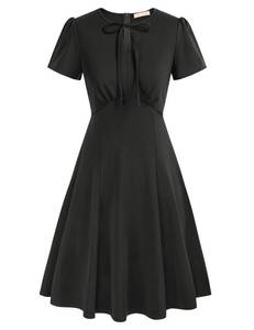lot 8196 image: Vintage Swing Dresses for Women Crew Neck Dress Elegant A Line Keyhole Tie Tea Dress Black S