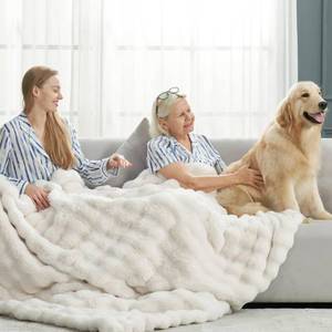 lot 9800 image: Cozy Bliss Faux Fur Throw Blanket for Couch, Fuzzy Soft Plush Thick Bubble Blanket for Sofa Bedroom Living Room, 60  80 Inches Cream White