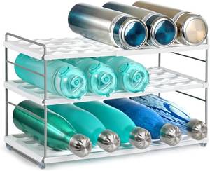 lot 9813 image: Water Bottle Organizer For Cabinet, Expandable Water Bottle Holder Rack, Adjustable Tumbler Storage For Kitchen Organization, 3 Tier Cup Organizer For Sports Flask Insulated Travel Mug Fridge, White