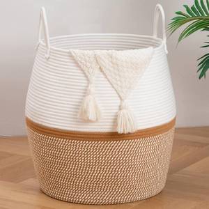 lot 9833 image: OIAHOMY 80L Blanket Basket with Handle, Storage Basket for Living Room, Laundry Hamper for Clothes, Towels, Pillows, Toy Storage for Kids and Dogs, Baby Hamper for Nursery - Brown & White
