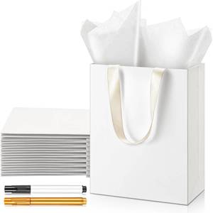 lot 10284 image: Yeaqee 24 Pcs 12 Sets White and Beige Christmas Gift Bags with Ribbon Handle Tissue Paper, 9 x 7 x 3.15 Inch White Paper Bags Bulk for Christmas Party Weddings Birthday Shopping Bridal Baby Shower