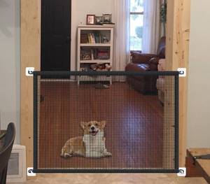 lot 10287 image: Dog Gates for The House, Portable Magic Pet Gates for Doorways, Stairs, No Drill Durable Mesh Puppy Gate Safety Fence Guard, 43.5 W X 31 H, 6 Hooks