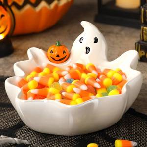 lot 10300 image: Vesici 7 Inch Halloween Candy Dish Holder Ceramic Ghost Candy Bowl Ghost Serving Tray Cute Candle Holder Cookie Jar for Halloween Party Trick or Treat Decor