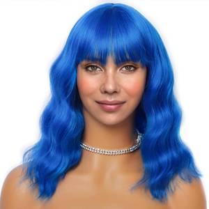 lot 10313 image: LANICE Blue Wig Short Bob Wigs with Bangs for Women Loose Wavy Hair Shoulder Length Blue Wig Synthetic Colorful Wigs for Cosplay Daily PartyUse(Blue,12inch)