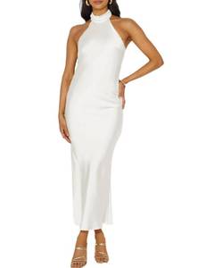 lot 10325 image: Phicia Sexy Halter Neck Backless Maxi Dress for Women Elegant Tie Cowl Back Formal Wedding Guest Dress for Summer White