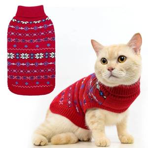 lot 10335 image: BINGPET Cat Clothes Turtleneck Knitted Sleeveless Sweater, Cute Kitten Puppy Apparel with Snow Pattern, Sphynx Cat Clothes for Cold Weather (Red, Small)