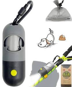 lot 10336 image: Dog Poop Bag Holder Dispenser with LED Flashlight - Night Visibility for Safe Evening Walks  Upgraded Hands-Free Leash Clip  Includes 15 Dog Waste Bags(Gray)