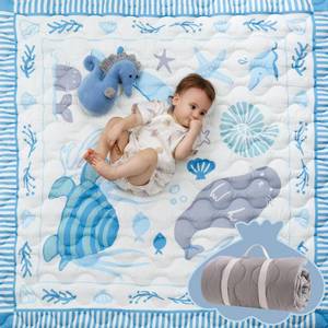 lot 11456 image: Momcozy Baby Play Mat for Floor, 50x50 Thickened Playpen Mat, Playmate for Baby Tummy Time, Waterproof & Non-Slip, Foldable Outdoor Mat with Carrying Handle, Ocean Theam