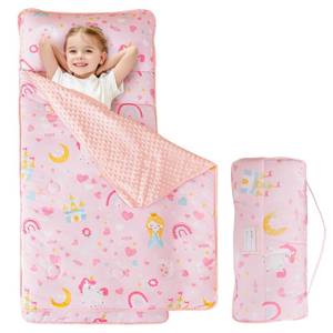lot 11463 image: Viviland Toddler Kid Nap Mat for Preschool, Girls Pink Princess Daycare Kindergarten Slumber Bag