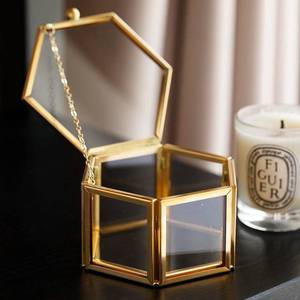 lot 11467 image: WHSLILR Vintage Glass Jewelry Box - Hexagon Gold Glass Box Keepsake Box for Storage Ring Earring Trinket, Jewelry Organizer and Decorative Box Gift for Women and Girls-Large