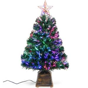 lot 11476 image: 24 inch Green Fiber Optic Christmas Tree, Pre-Lit Artificial Mini Christmas Tree, 2ft Tabletop Small Xmas Tree with Gold Base Pot with Stars for Holiday Home Decorations