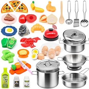 lot 11481 image: Kids Pretend Play Kitchen Accessories Set, 38Pcs Stainless Steel Play Pots Pans Sets for Kids, Toy Cookware Cooking Utensils Play Food Dish Toddler Kitchen Playset Gifts for Boys Girls