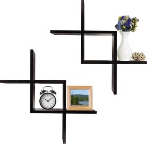lot 11485 image: Greenco Criss Cross Intersecting Floating Shelf, Easy-To-Assemble Floating Wall Mount Shelves for Bedrooms and Living Rooms, Espresso Finish