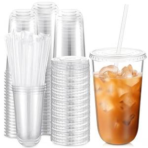 lot 11494 image: Ziliny 100 Sets Clear Plastic Cups with Lids and Straws, Disposable Iced Coffee Cups for Drinking, Cold Drinks, Juice, Smoothie, Pet Cup for Coffee Shops, Party, Christmas (18 oz)