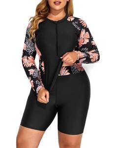 lot 12233 image: Daci Plus Size Rash Guard for Women - Long Sleeve UPF 50 Swimsuits 2 Piece Built in Bra Swim Shirt with Shorts Black & Orange Floral 16W