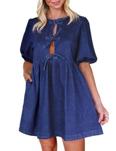lot 12262 image: Qazel Vorrlon Denim Dress for Women Puff Short Sleeve Babydoll Jean Romper with Pockets Summer Casual Blue Dresses 2025 Trendy small