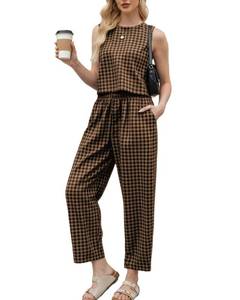 lot 12263 image: PJFPJF 2 Piece Sets For Women 2025 Summer Matching Wide Leg Crop Pants Outfits Travel Vacation Beach Lounge Sets (Khaki, L)